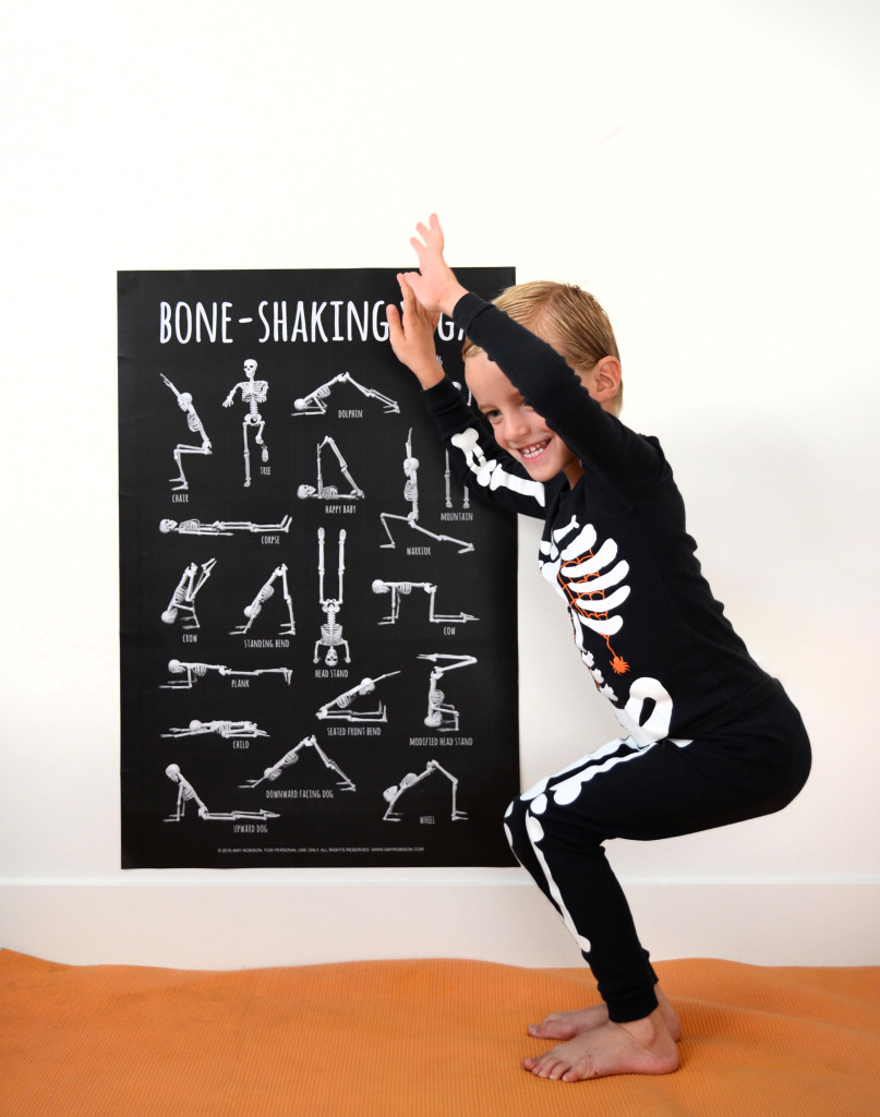 Our Halloween skeleton inspired me to make a skeleton yoga poster to teach my kids different yoga poses. I thought this would be a fun activity for us to do together and my kids love it. They call all the yoga poses "tricks" and love showing me how good they are at replicating the poses on their skeleton yoga poster.