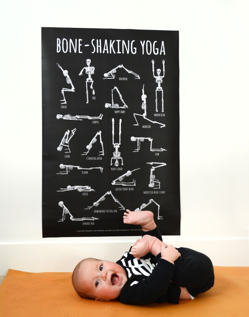 Our Halloween skeleton inspired me to make a skeleton yoga poster to teach my kids different yoga poses. I thought this would be a fun activity for us to do together and my kids love it. They call all the yoga poses "tricks" and love showing me how good they are at replicating the poses on their skeleton yoga poster.