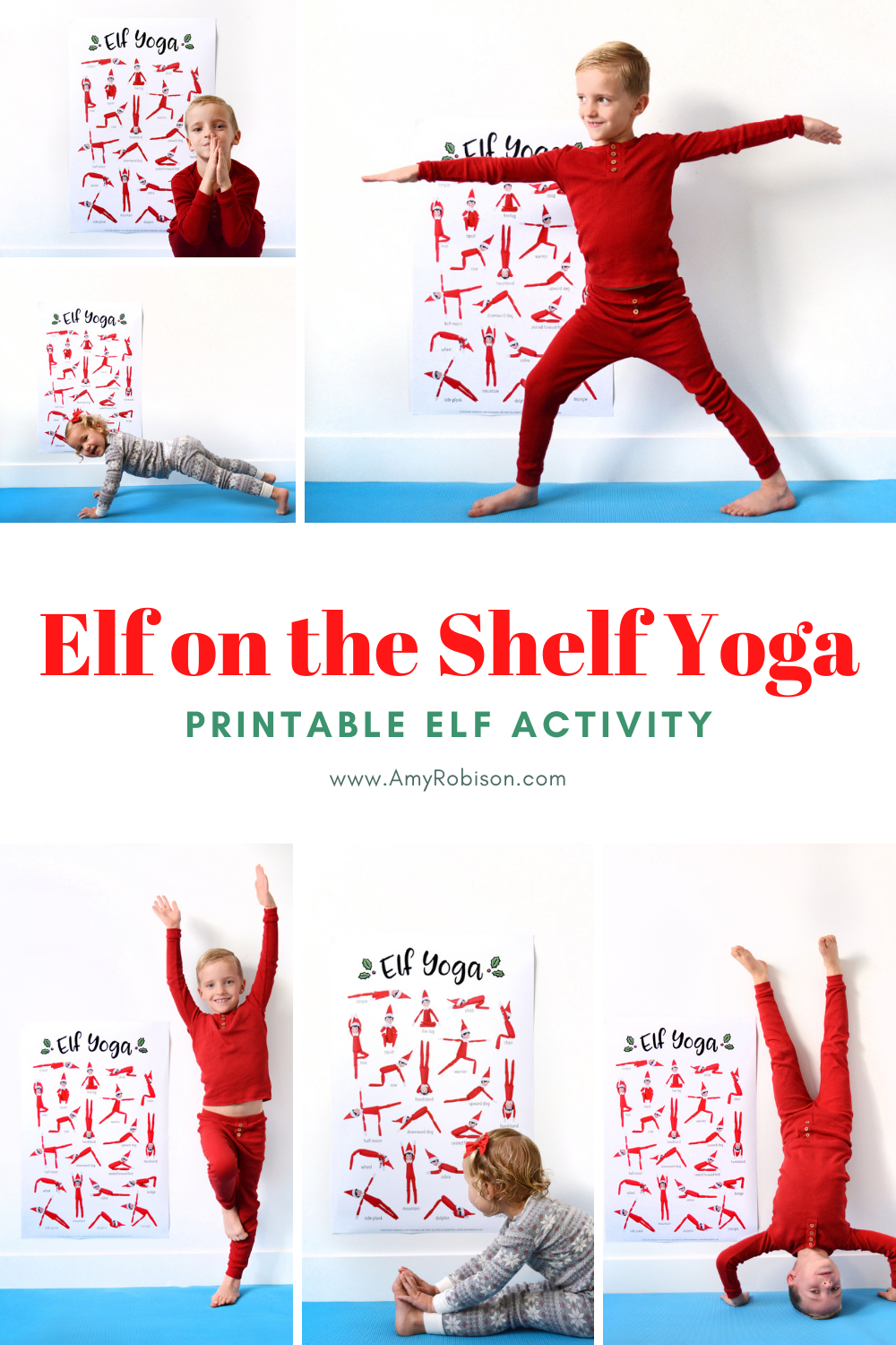 So grab your printable Elf on the Shelf yoga poster, your Elf, and some festive pajamas and get stretching.