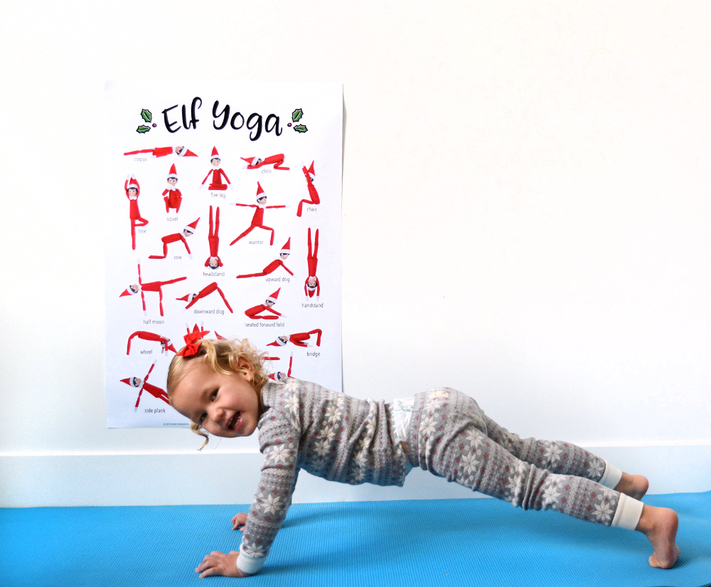 So grab your printable Elf on the Shelf yoga poster, your Elf, and some festive pajamas and get stretching.
