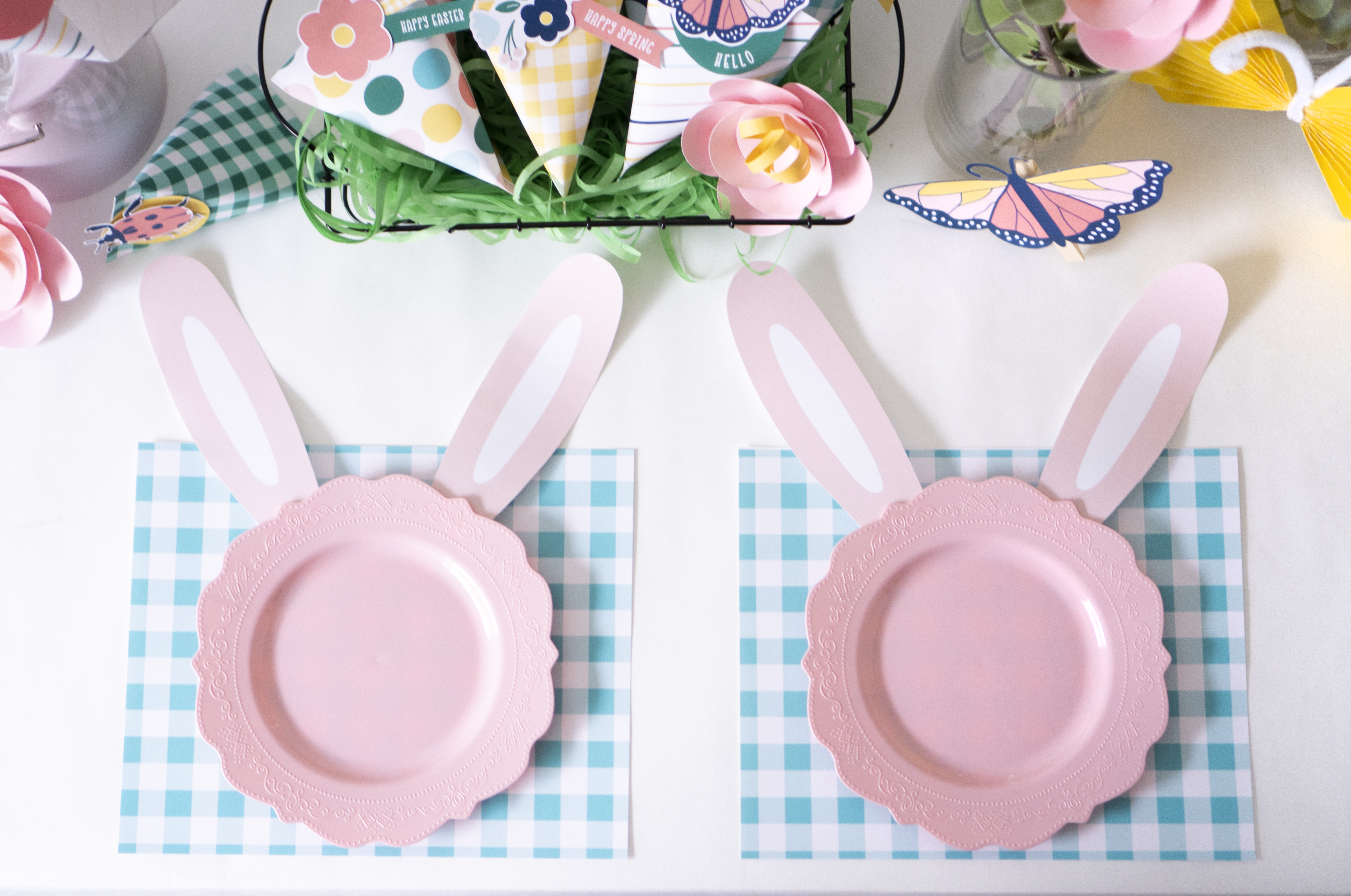 Create a pink bunny place setting with the printables in the Easter and Spring Party Pack